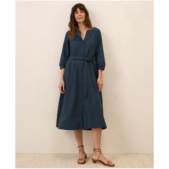 New Pact Dress Medium Blue Organic Cotton Sunset Lightweight Belted Midi Sample - Picture 6 of 15